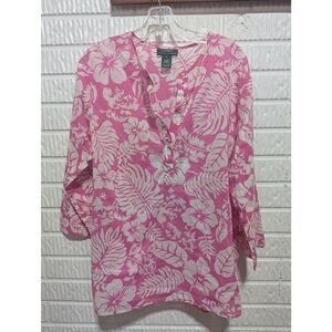 Lauren Ralph Lauren Women's Pink & White Tropical Print Cotton Tunic Top Size XL